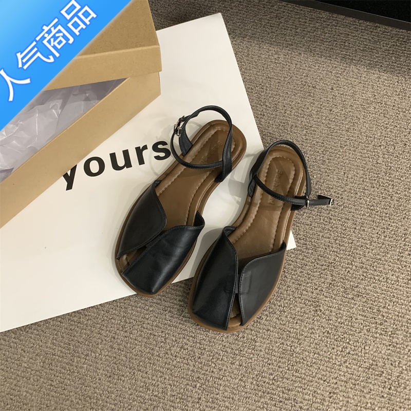 SUNTEK包头凉鞋女2023年新款夏季韩版森系复古仙女风休闲软平底罗马鞋子高清大图