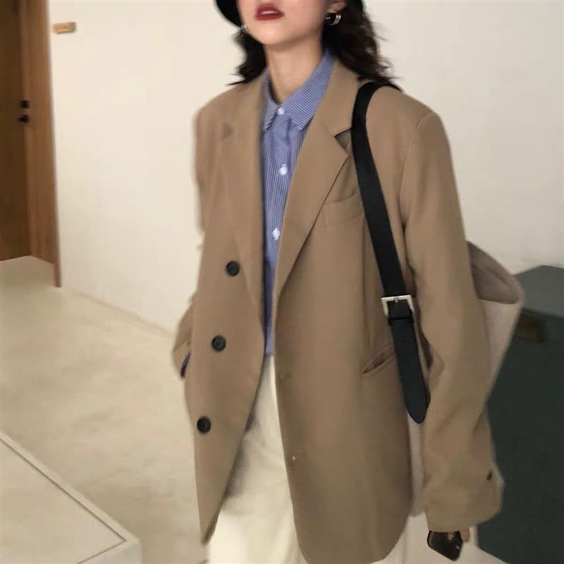 卡其色西装外套女2021春秋新款韩版宽松时尚单排扣黑色西服潮