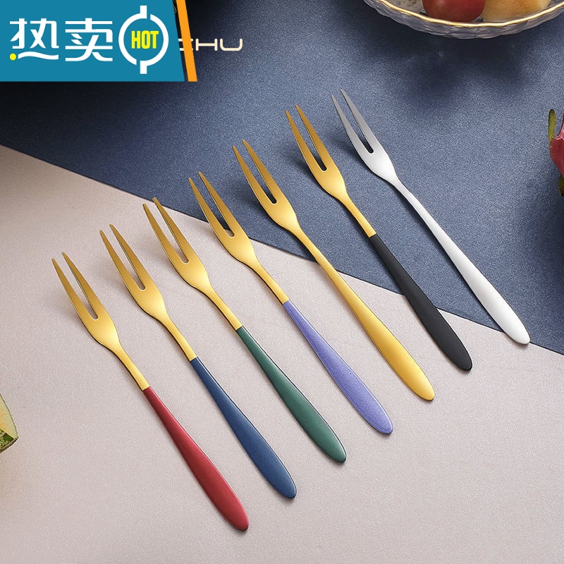 敬平水果叉套装不锈钢水果叉子ins北欧创意水果签果插可爱欧式小奢华 金色水.果叉-[5-支.]高清大图