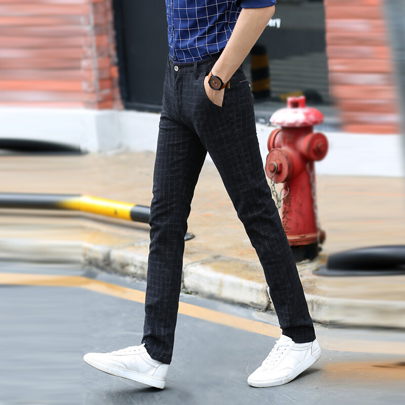夏季休闲裤子男修身小脚长裤潮流男士青年薄款黑色格子裤青春流行