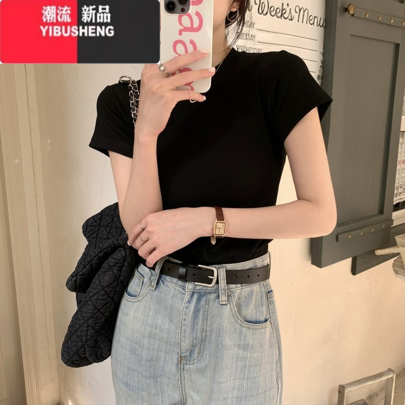 YIBUSHENG小个子灰色短袖百搭正肩T恤女季修身内搭白色上衣ins潮