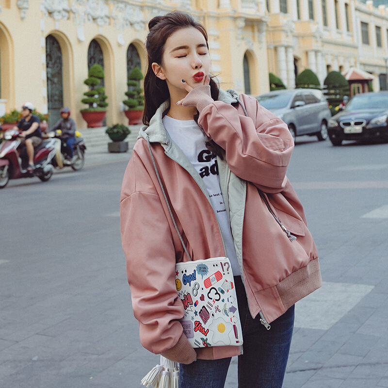 棒球服女春秋短款韩版学生bf原宿风宽松百搭两面穿小夹克外套图片色