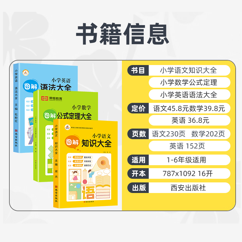 语数英3本 小学通用 [正版]小学图解数学公式定理语文知识英语语法大全人教版全套一年级二年级三四五六年级辅导资料工具书知高清大图