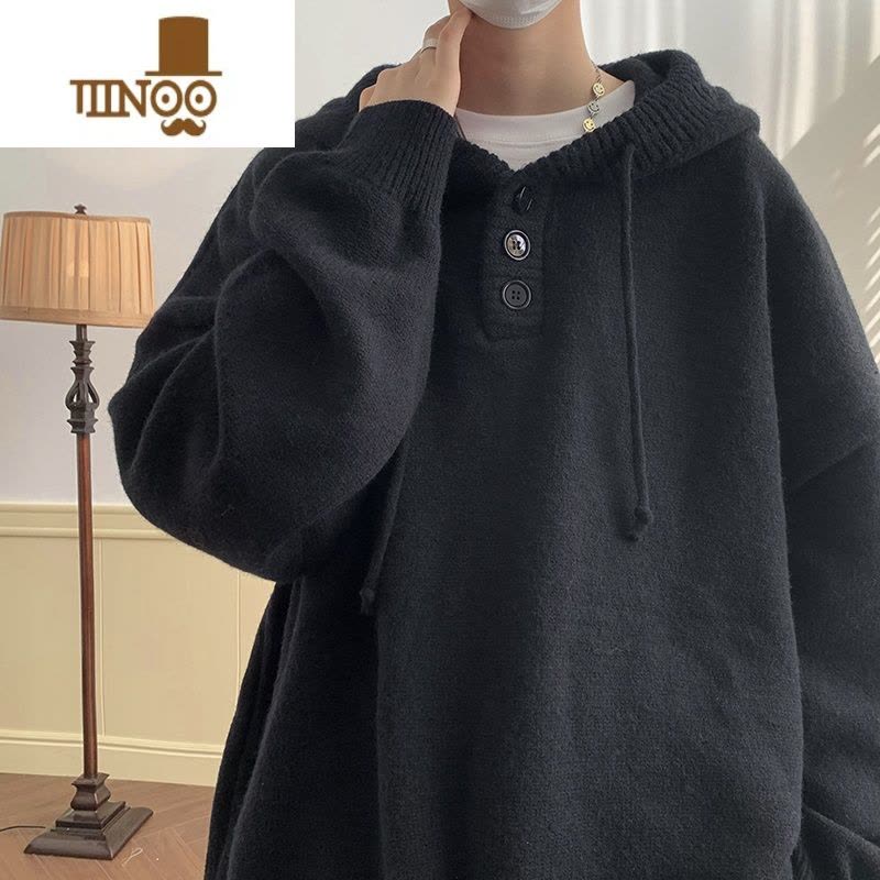 YANXU连帽毛衣男日系复古慵懒外套oversize戴帽子针织衫卫衣图片