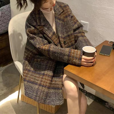 小样传奇 西装外套女秋冬2024新款宽松小个子格子粗花呢中长款加厚毛呢大衣