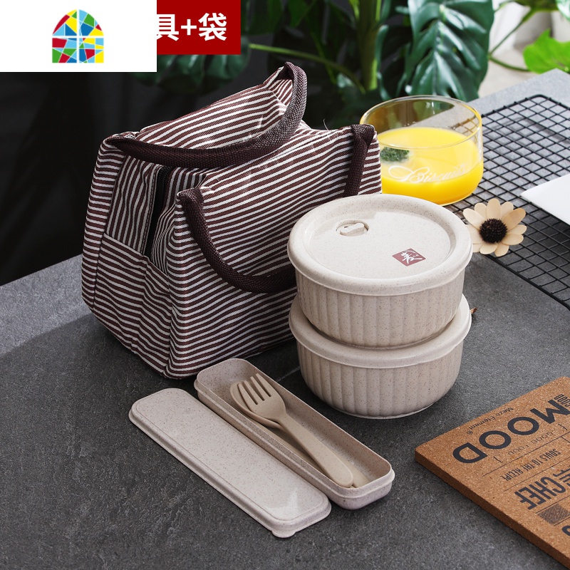 上班族可微波炉加热专用碗饭盒餐盒便当碗带盖冰箱水果盒保鲜盒 FENGHOU 保鲜碗2个+餐具+袋子高清大图