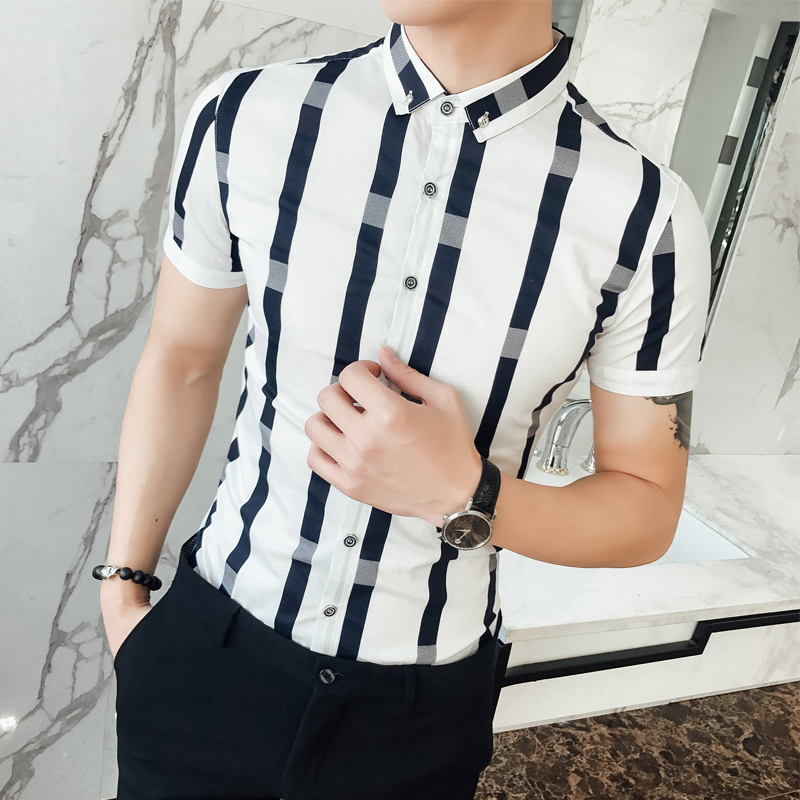 条纹男型师韩版纯色工作短袖衬衣设计师夏款气质显瘦休闲衬衫
