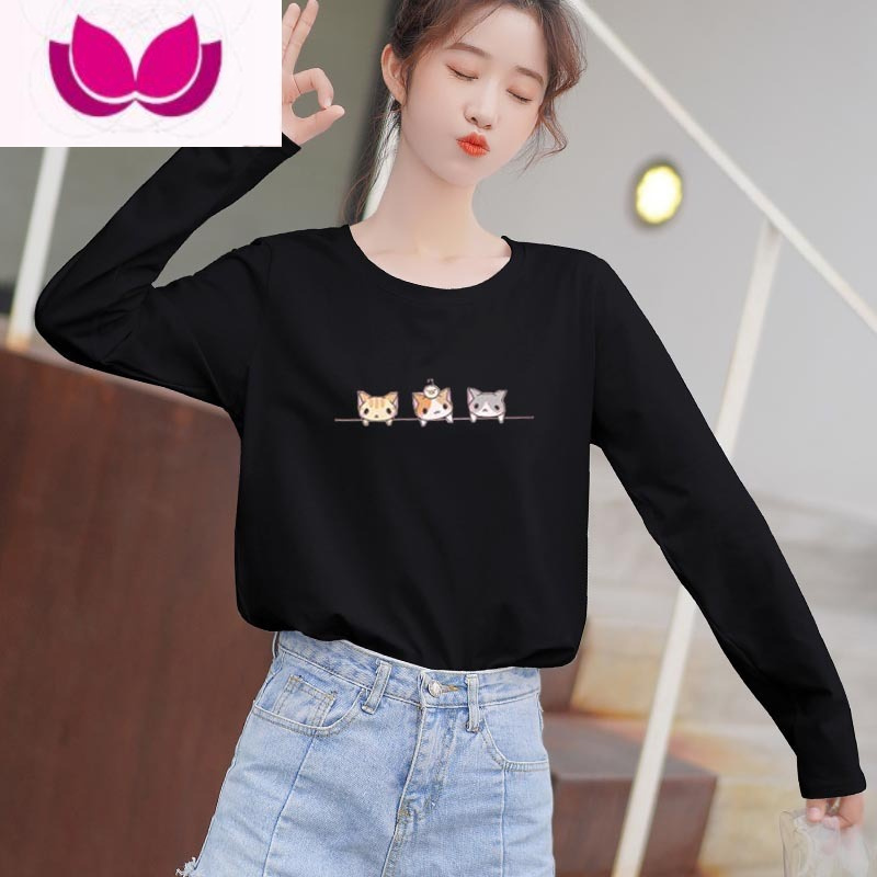 七斓学生长袖t恤女薄款秋装2022新款圆领宽松小衫打底衫内搭上衣