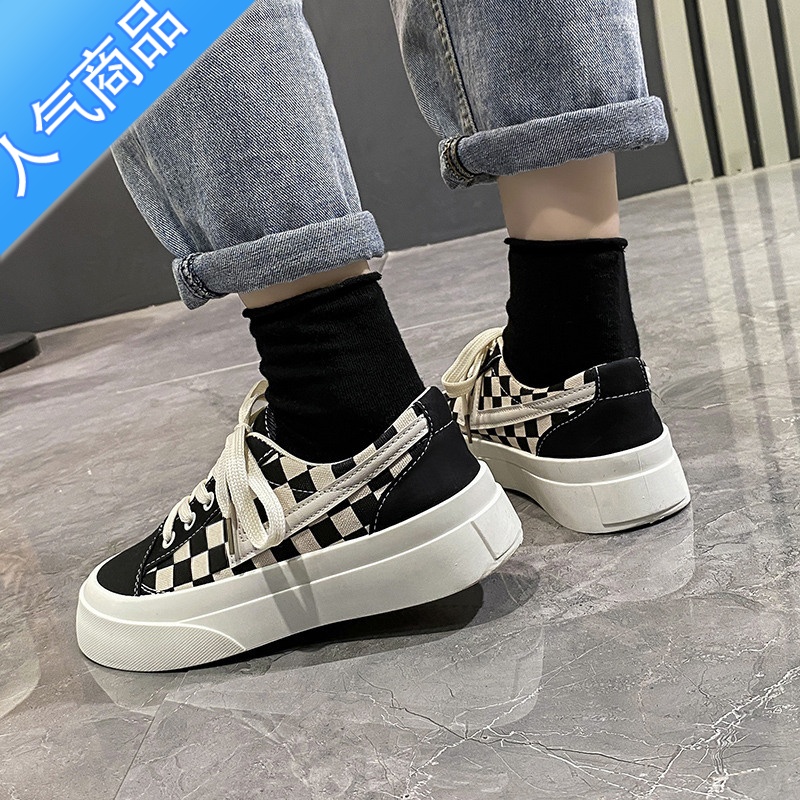 SUNTEK帆布鞋女夏春薄款透气潮鞋ins2023春新款小众棋盘板鞋百搭小白鞋高清大图