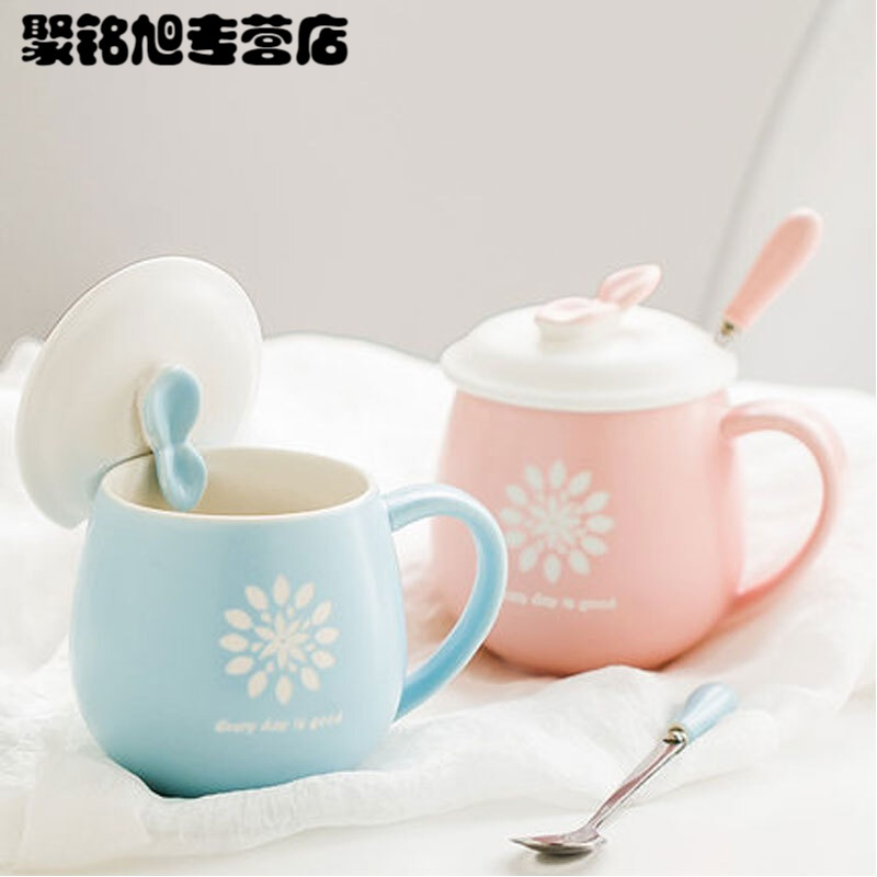 陶瓷杯早餐牛奶杯水杯咖啡杯马克杯带盖勺创意简约家用办公喝水杯子