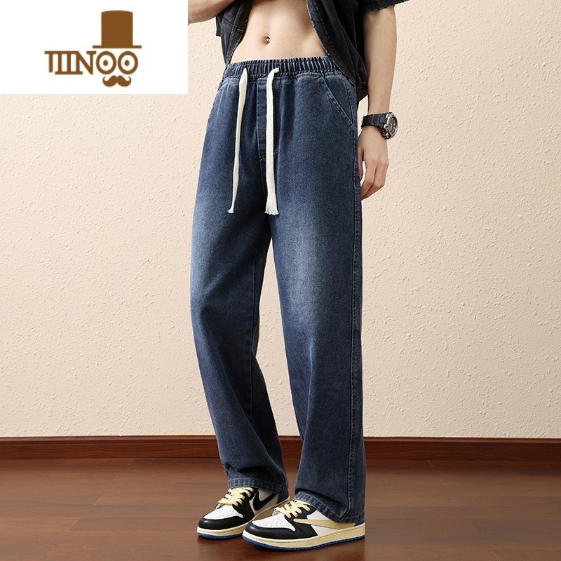YANXU松紧腰直筒宽松牛仔裤男2023新款潮流百搭青少年休闲长裤子高清大图