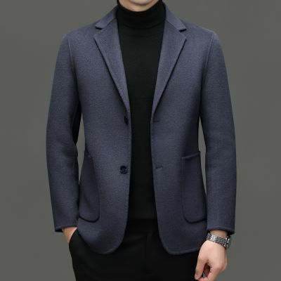 秋冬商务宴会山羊绒西装男毛呢大衣短款外套高端休闲羊毛呢小西服羊绒毛呢双面呢子大衣商务休闲西装外套 墨兰 170