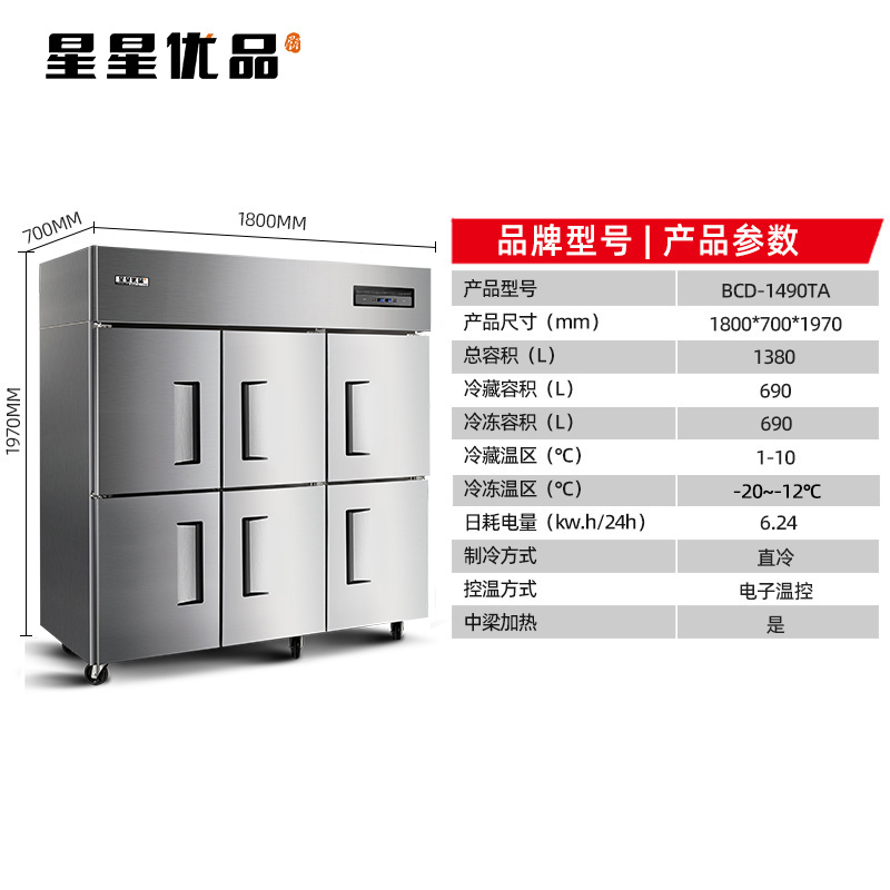 星星优品1380升六门双温厨房冰箱上冷冻下冷藏不锈钢餐饮后厨商用冰箱六门双温款全铜管制冷BCD-1490TA高清大图