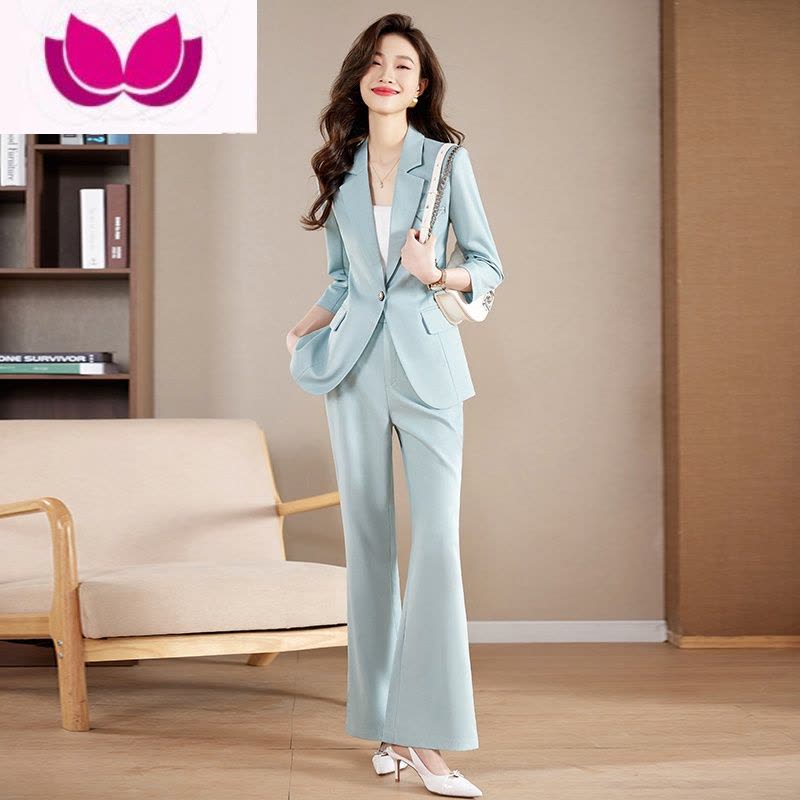 七斓高级感蓝色休闲西装套装女夏季韩版职业装时尚气质阔腿裤西服套装图片