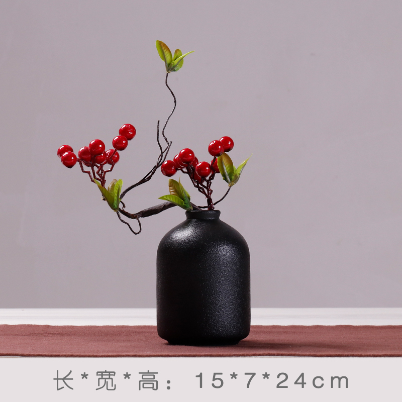 盆栽摆件客厅小花瓶工艺术品装饰室内桌面假仿真插花陶瓷现代简约 三维工匠 陆宝方瓶+小红果高清大图