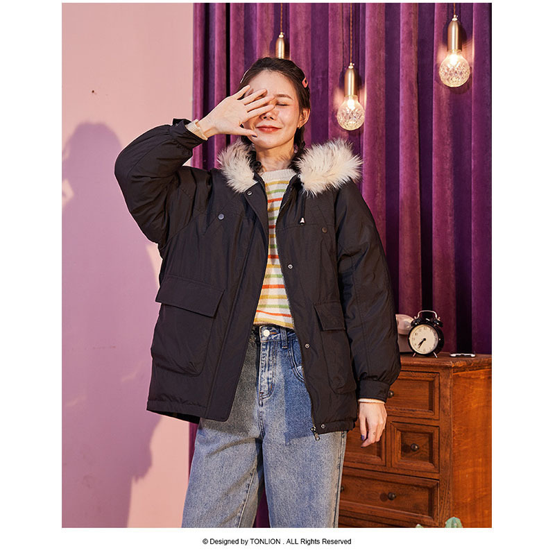 [2.5折价365元]唐狮连帽羽绒服女新款韩版宽松戴帽领宽松上衣外套潮