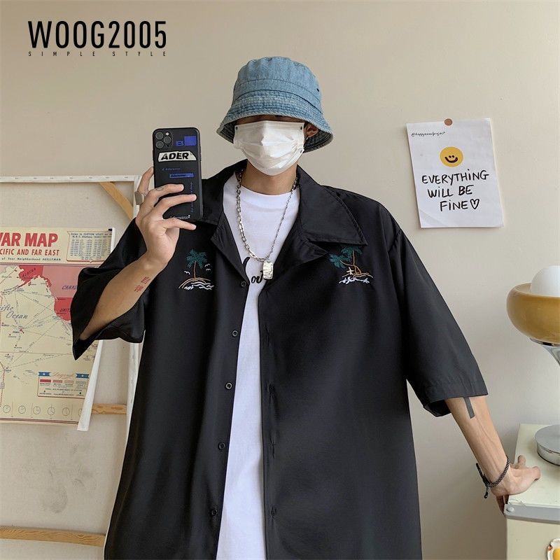 WOOG2005夏冰丝薄款短袖衬衫男士宽松高级垂感休闲五分半袖衬寸衣