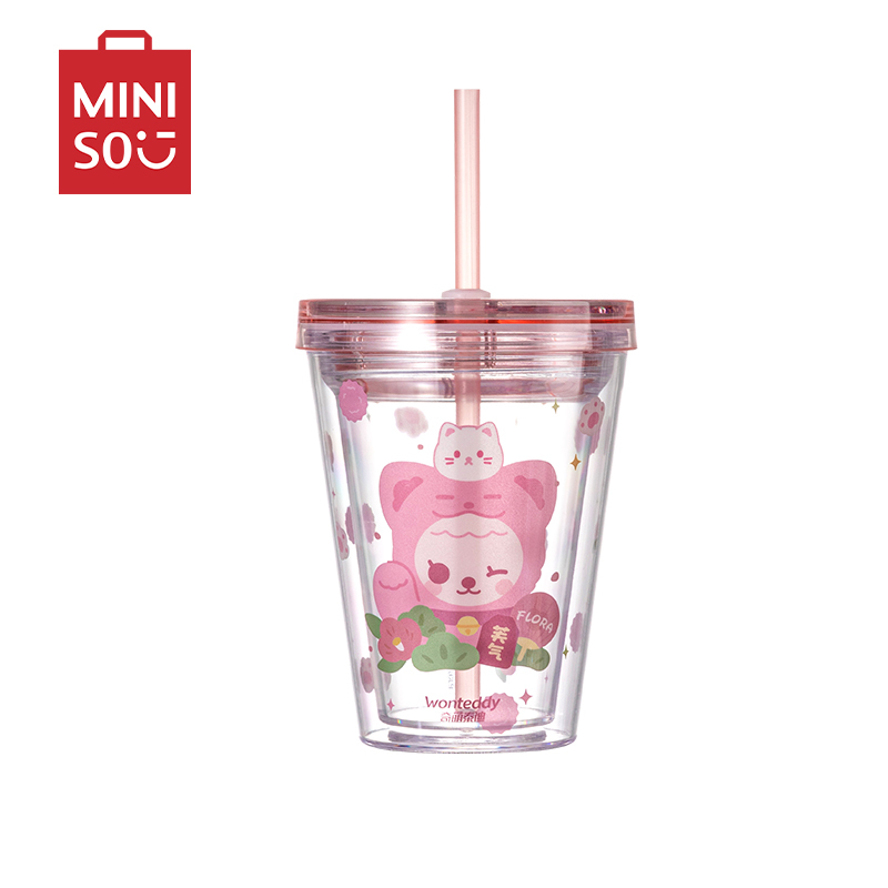 名创优品(miniso) 奇萌泰迪系列茶具流沙盖吸管杯(380mL)(混)