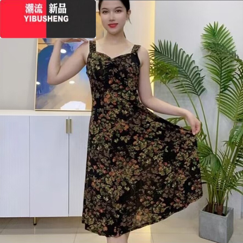 YIBUSHENG冰丝吊带连衣裙女2024新款大码宽松遮肚显瘦印花背心无袖印衣G高清大图