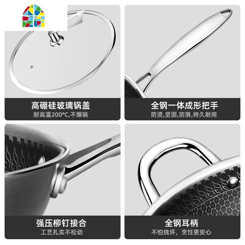 304不锈钢炒锅无油烟无涂层电磁炉燃气适用家用多功能炒菜锅 FENGHOU 32cm双面全屏套锅带耳(304不锈钢)