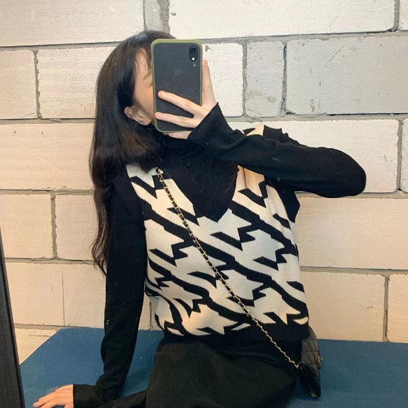 秋季新款套装两件套V领时尚学院风马甲女+半高领修身打底衫上衣女 黑色打底衫【单件】 S 建议75-90斤