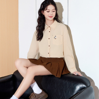 [2.5折价115元]唐狮早秋新款衬衫女翻领小印花休闲净色简约女士长袖衬衫百搭