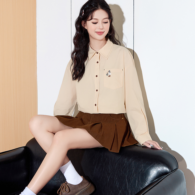 [2.5折价115元]唐狮早秋新款衬衫女翻领小印花休闲净色简约女士长袖衬衫百搭