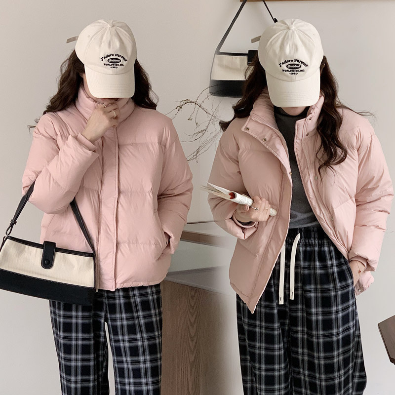 羽绒棉衣棉服女新款冬季韩版黑色小个子加绒短款立领面包服外套女 粉色 XL