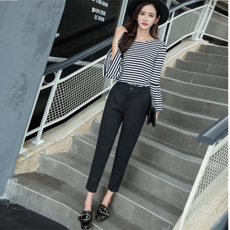 2018新西装裤女春夏九分裤韩版宽松百搭直筒烟管小脚哈伦裤休闲裤黑色