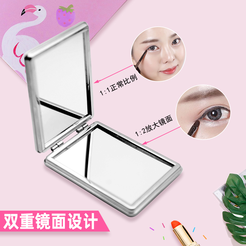 米白 美斯 方格PU 流沙化妆镜随身韩式创意折叠便携翻盖PU皮补妆双面镜迷你小镜子