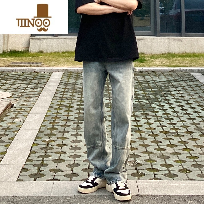 YANXU国潮牌美式街头做旧水洗直筒牛仔裤男oversize设计感宽松百搭长裤高清大图