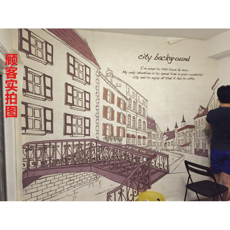 现代大型壁画3D立体个性街景壁纸布餐厅电视背景墙纸城市酒吧手绘壹德壹