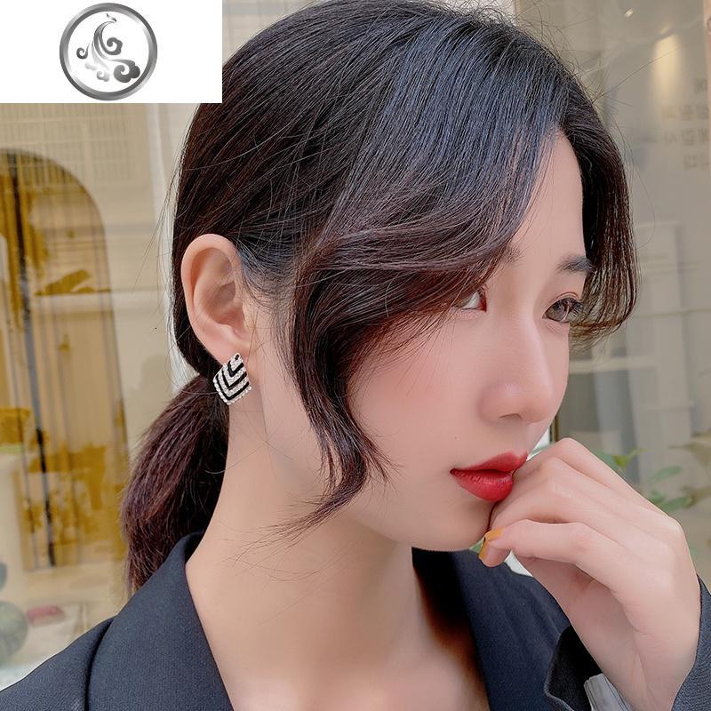 韩国圆脸显瘦耳环气质简约黑色耳钉女s925纯银针新款耳饰品jimi