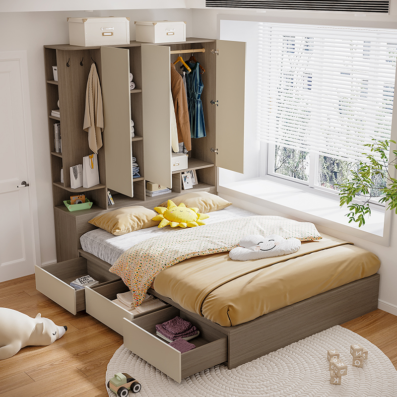 木月储物床现代简约单人床高箱床家用卧室榻榻米床小户型衣柜床一体