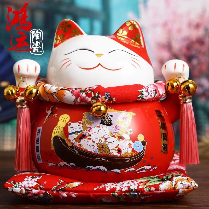 日本正版大号 猫储蓄罐 红色进宝 摆件店铺开业创意 三维工匠 7寸一帆风顺宝船猫高清大图