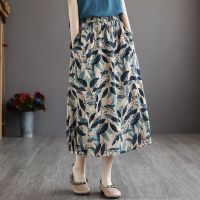 含棉原创文艺复古印花半身裙女夏季新款垂感宽松大码显瘦a字裙子 绿色 M 建议[80斤-120斤]