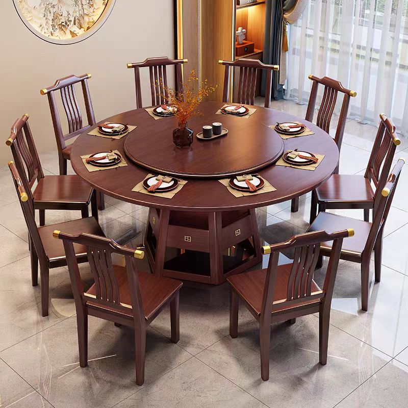 中式实木餐桌带转盘家用10人大圆桌子现代简约饭桌椅组合饭店圆桌高清大图