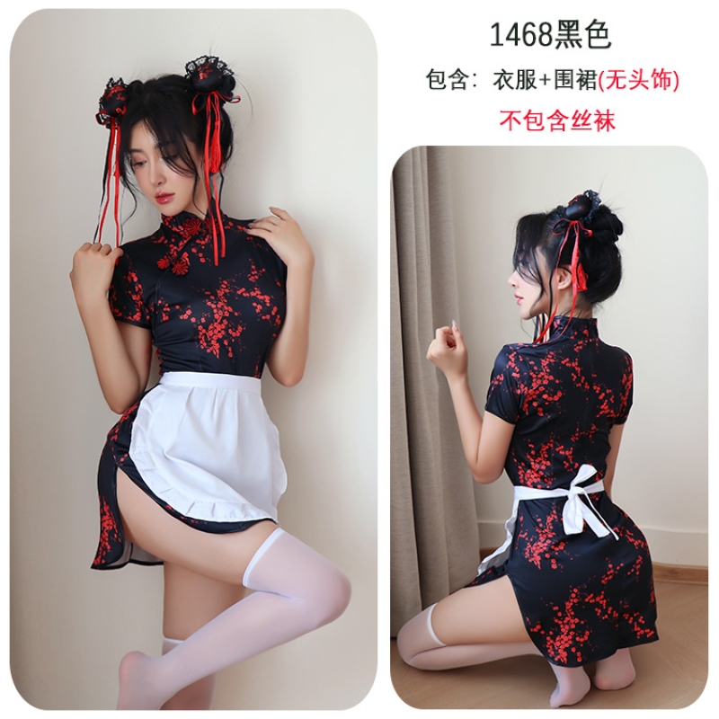 长夜漫漫情趣内衣中华厨娘旗袍激情免脱情侣调情诱惑纯欲制服1468 中华娘-黑色【衣服+围裙】 均码(80-125斤)