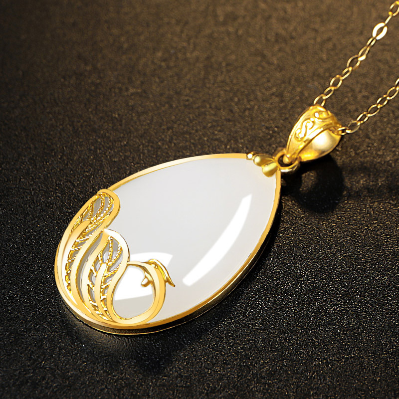 印象眸足金镶和田玉吊坠黄金镶羊脂白玉凤凰水滴女款玉石挂件附送证书