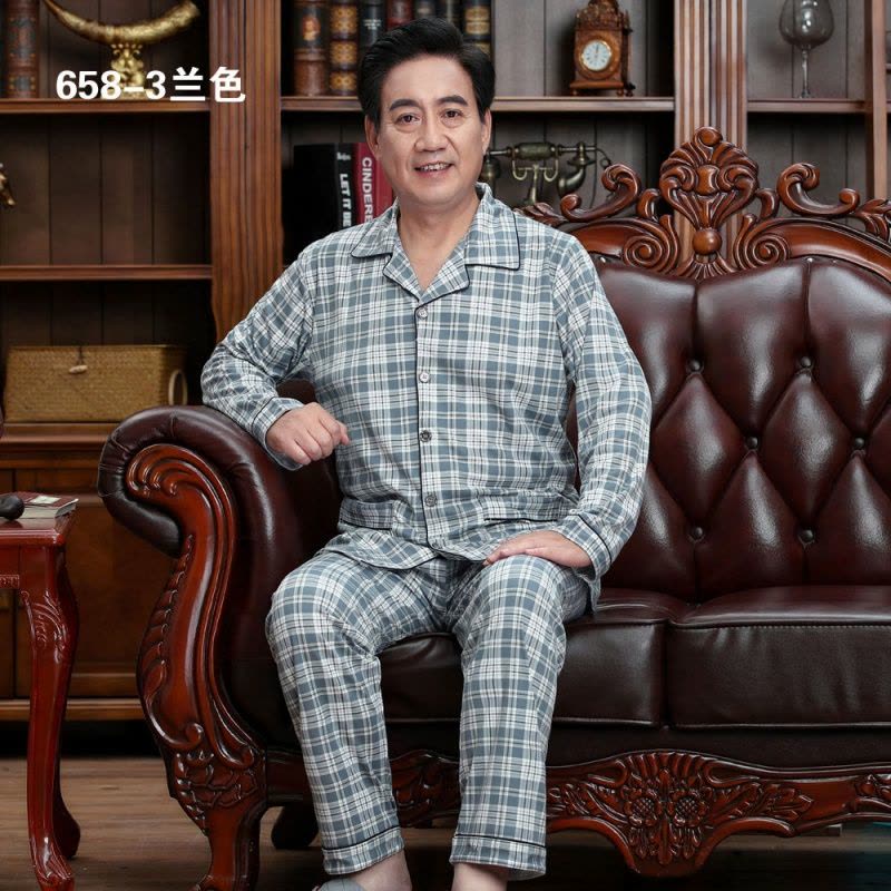 睡衣男长袖春秋款中老年爸爸加大码宽松青年男士秋冬季家居服套装图片