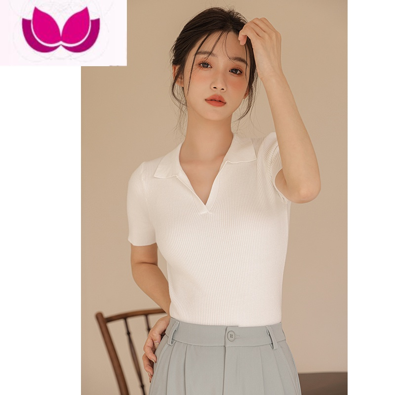 七斓polo领短袖T恤女2023v领设计感小众白色针织衫上衣修身打底衫