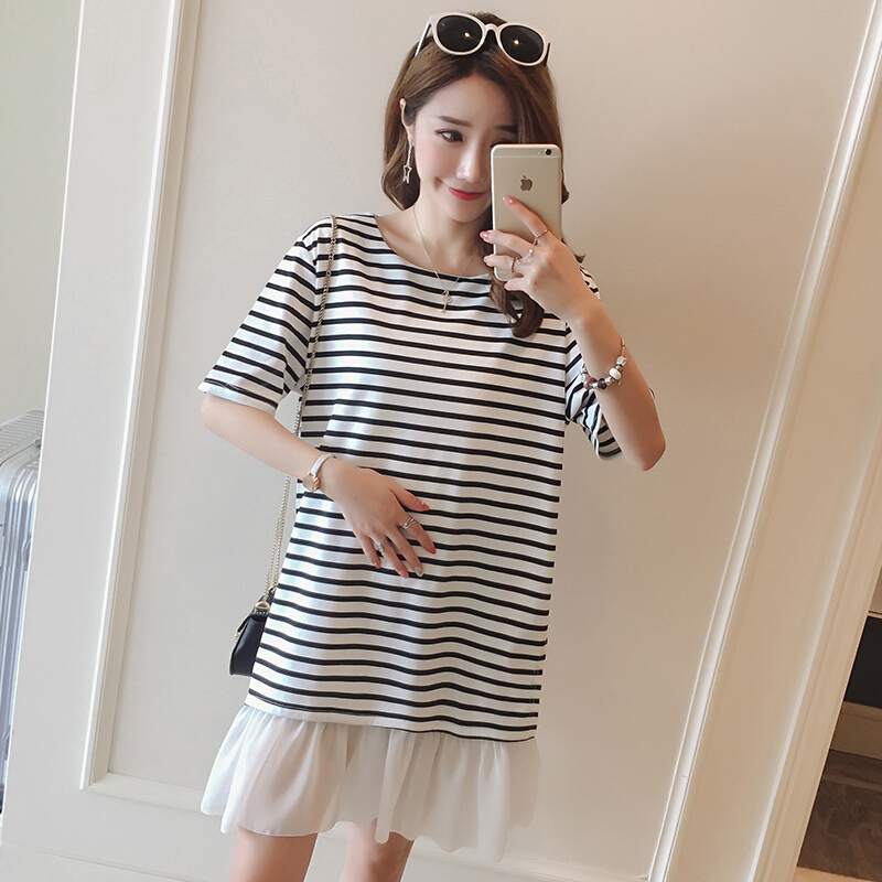 迪鲁奥(DILUAO)孕妇夏装夏新款韩版圆领短袖拼边条纹宽松孕妇连衣裙孕妇裙B98-28 黑色条纹 均码