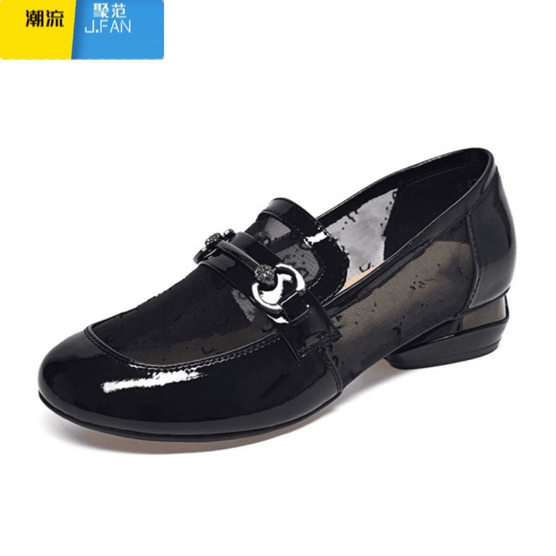 聚范单鞋女2024年新款夏季镂空网纱靓皮女鞋低跟软底豆豆鞋透气乐福鞋高清大图