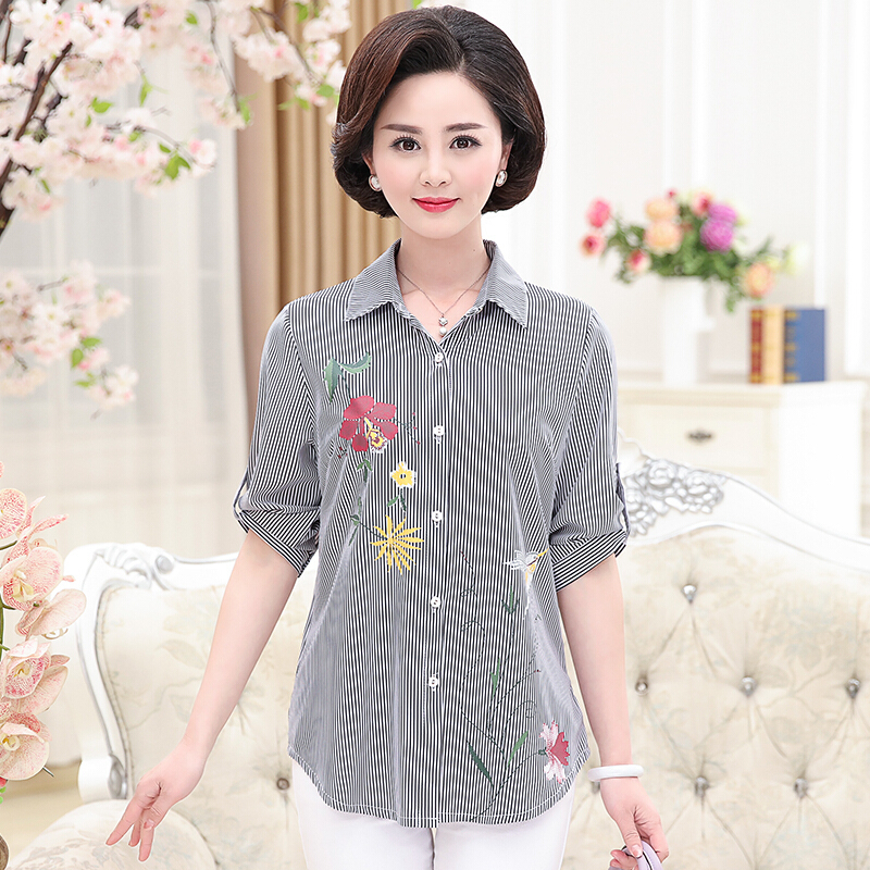 妈妈装夏装新款七分袖上衣中老年女装t恤宽松打底衫翻领中年大码