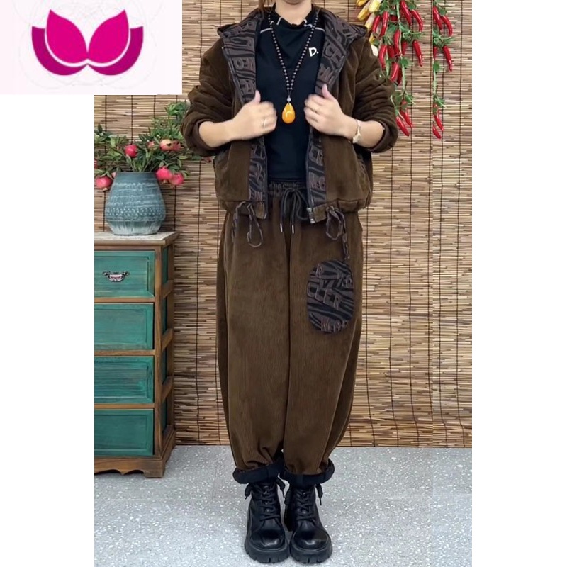 七斓文艺复古灯芯绒套女春季新款连帽洋气外套时尚贴布哈伦裤套装