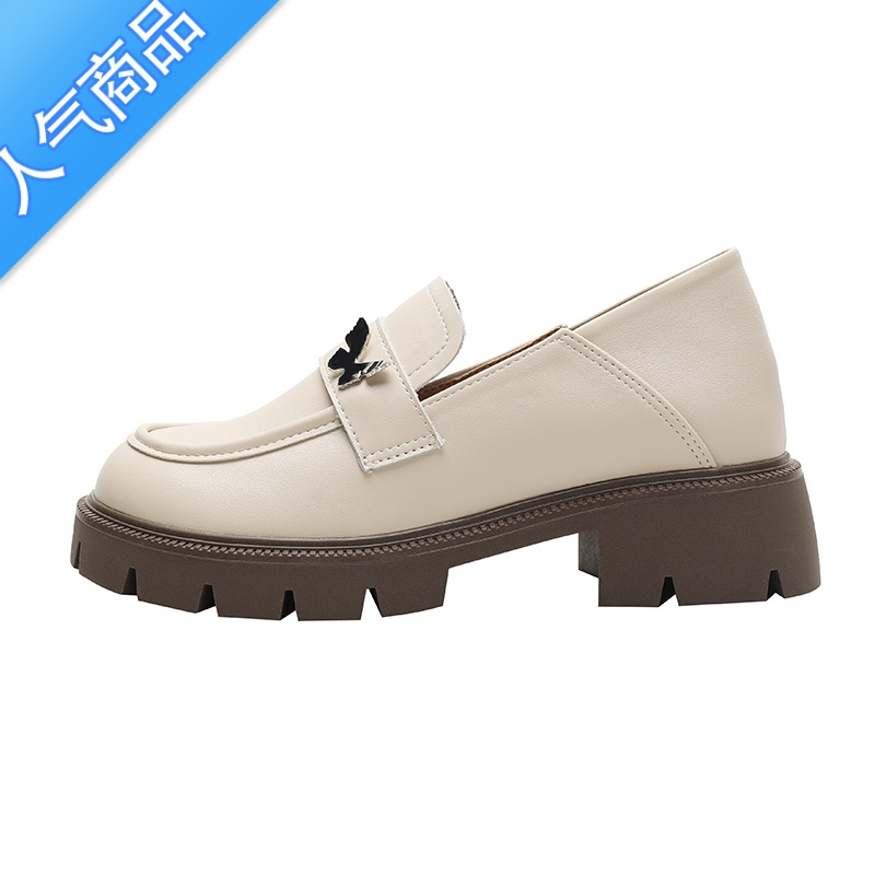 SUNTEK乐福鞋女2023夏季新款复古黑色蝴蝶结厚底粗跟内增高圆头小皮鞋女