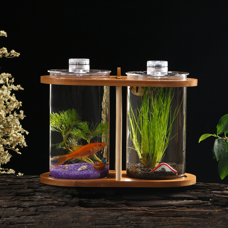 斗鱼缸超白玻璃双缸迷你创意小型隔离生态鱼缸小鱼微景观生态瓶