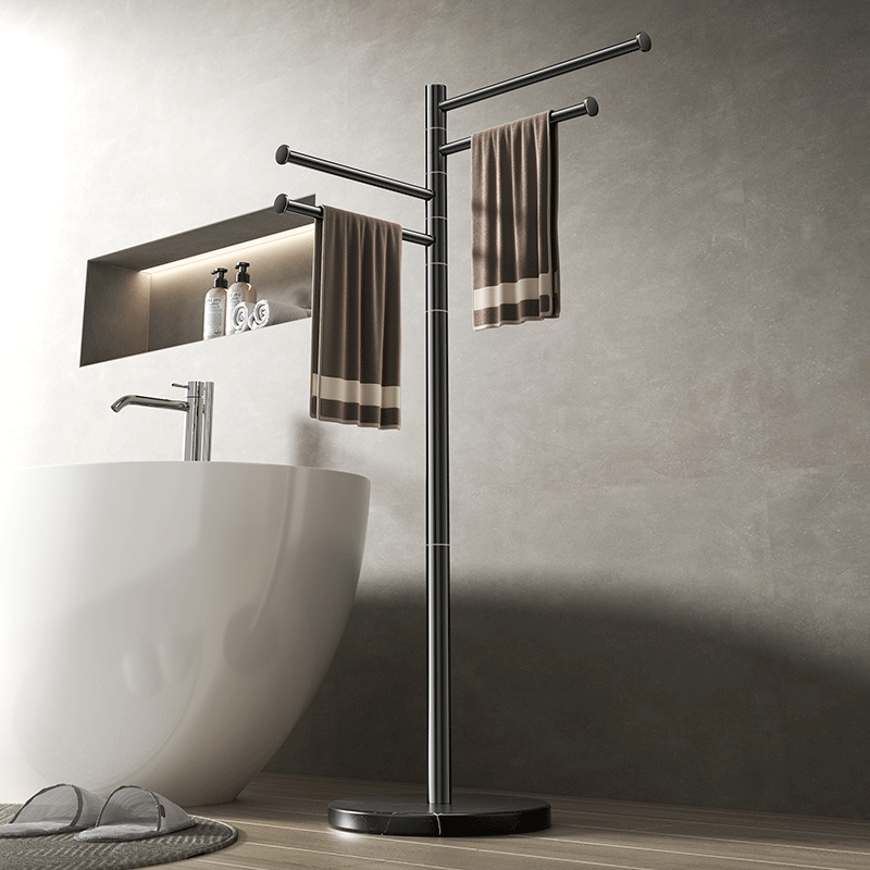 旋转304不锈钢落地大理石毛巾架浴缸置物架 白色大理石+不锈钢拉丝4杆[杆140cm高清大图