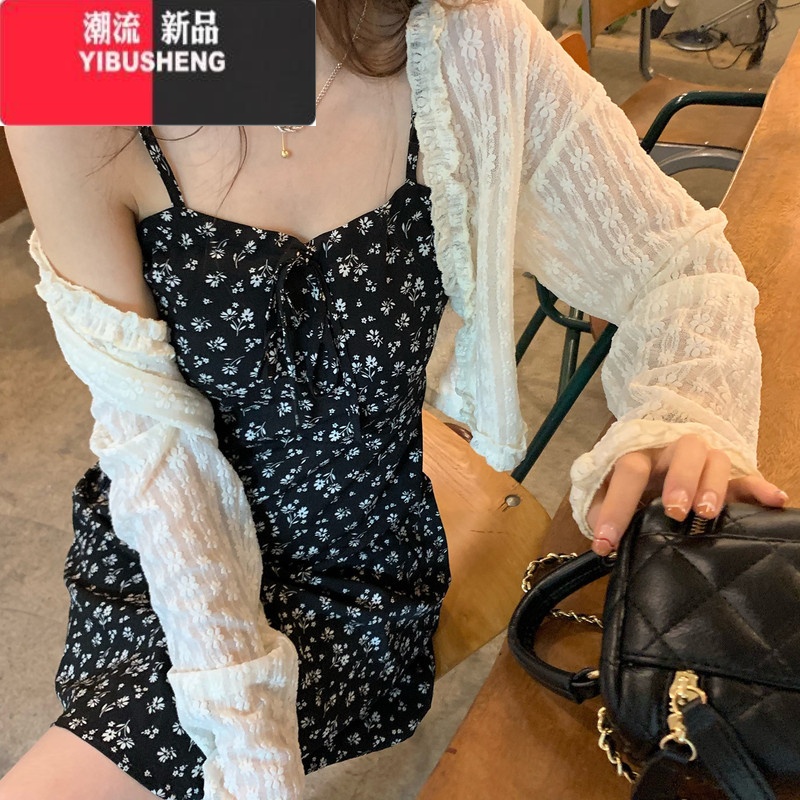 YIBUSHENG款胖mm法式别致黑色碎花吊带裙大码纯欲甜辣风显瘦雪纺连衣裙女 开衫 M85-100斤