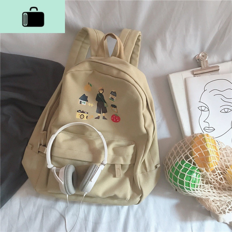 古着感少女书包 韩版高中大学生背包森系校园百搭帆布ins双肩包女NEW LAKE 卡其色【插画印花】